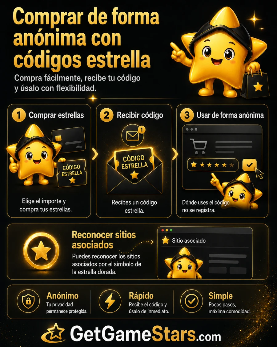 Guía visual sobre compras anónimas con códigos de estrellas doradas GetGameStars